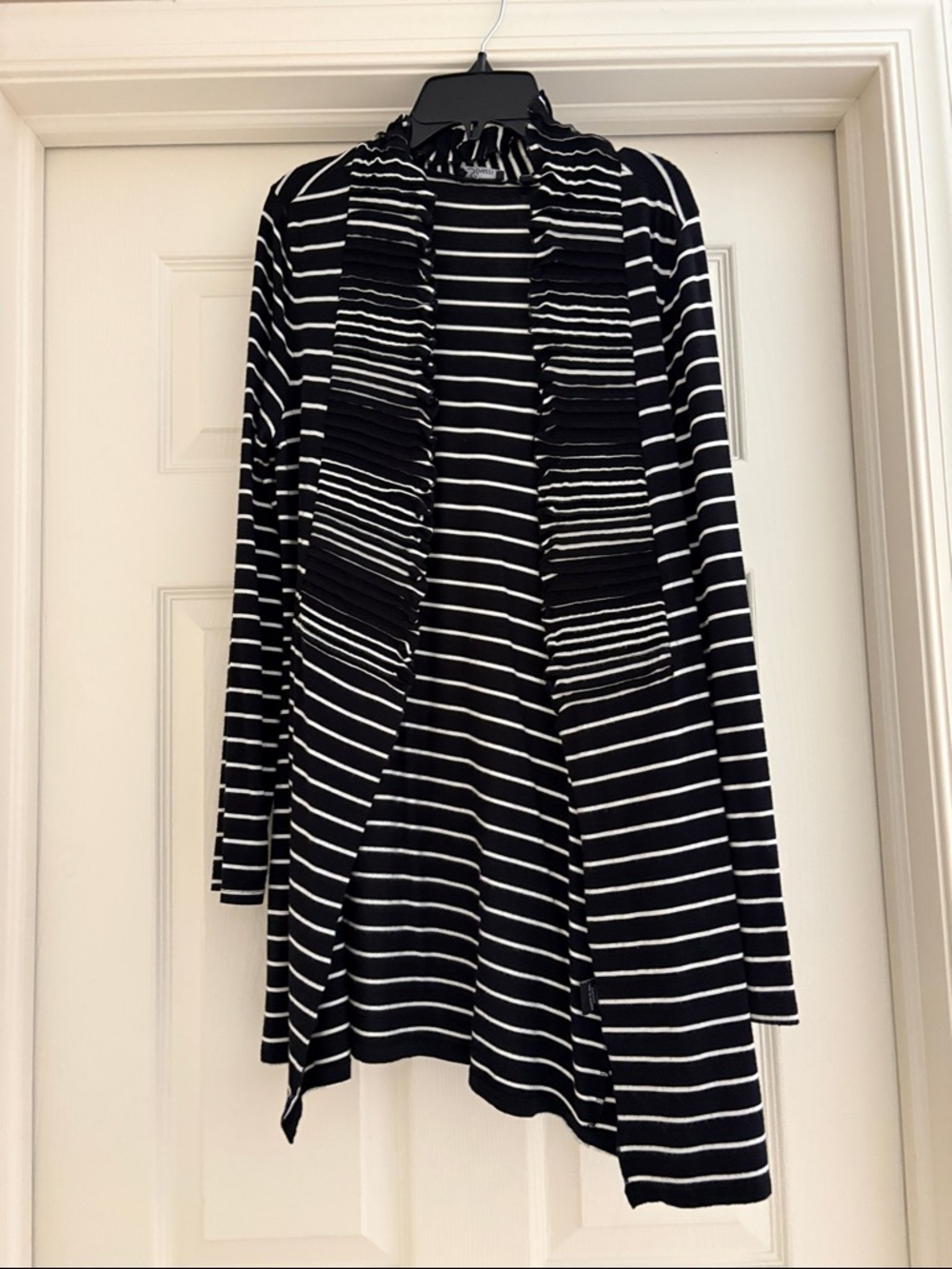 Striped Open-Front Cardigan with Ruffle Trim - Black & White